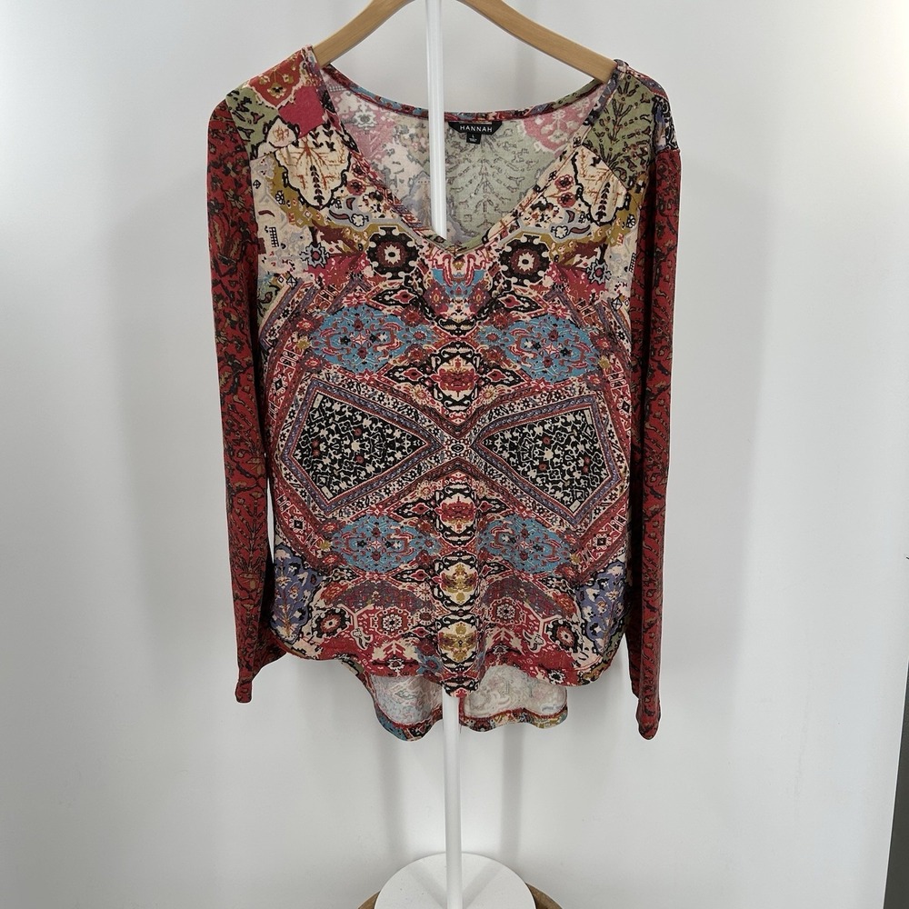 Boho Tapestry Print Long Sleeve Top Size L‎ Festival Grunge Distressed Lace